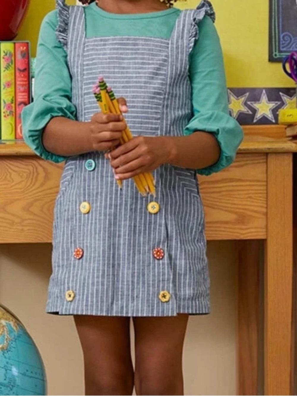 Matilda Jane Blue Striped Girls romper with Colorful Buttons